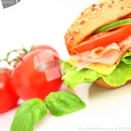 Image of Fresh sandwich with ham and cheese and vegetables