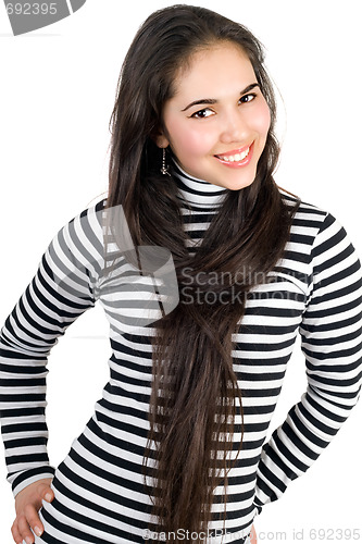 Image of Playful pretty girl in striped blouse. Isolated