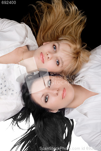 Image of Portrait of the two lovely blonde and brunette