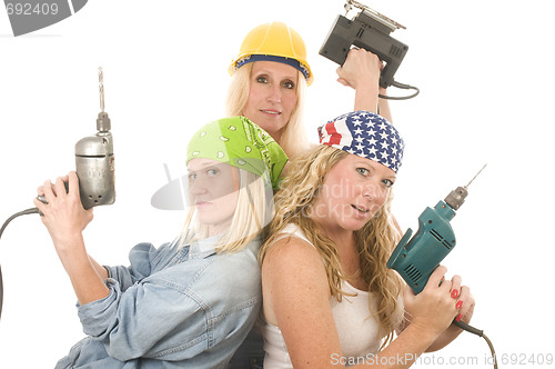 Image of sexy team contractor construction ladies with tools