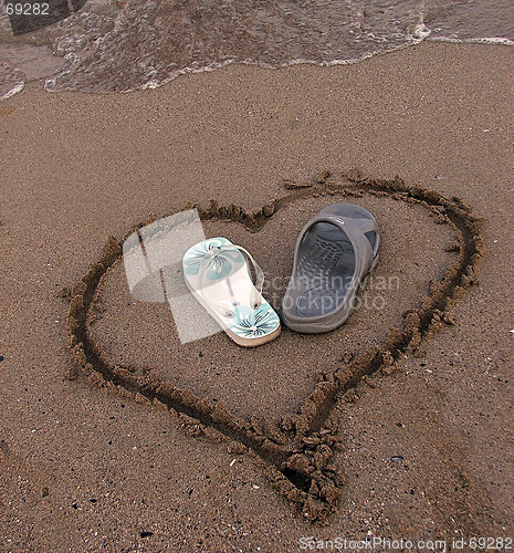 Image of Two slipper in a heart on the sand