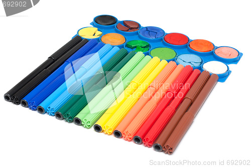 Image of Watercolor paints and soft-tip pens