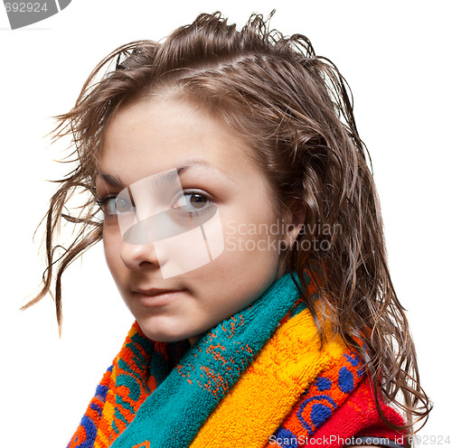 Image of Young girl with wet hair, isolat 