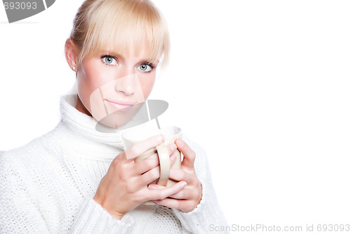 Image of Beautiful woman holding coffee cup