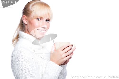 Image of Beautiful woman holding coffee cup