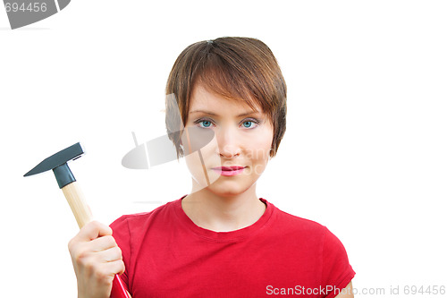 Image of Enthusiastic woman with hammer