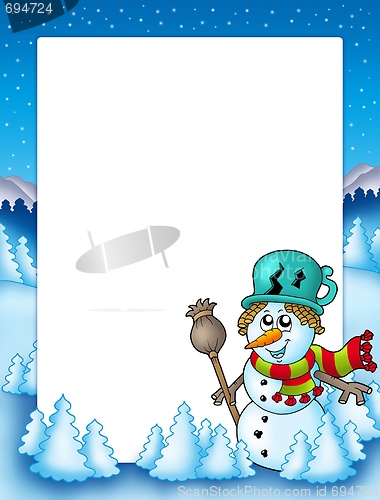 Image of Frame with snowman and trees