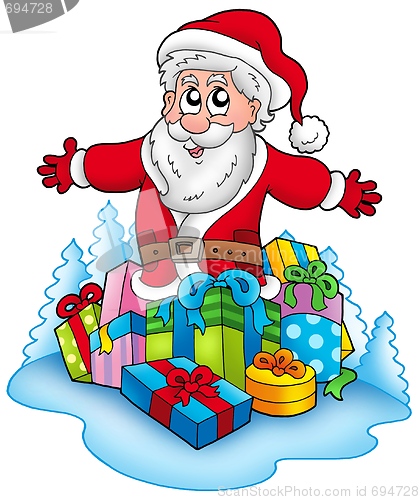 Image of Happy Santa Claus with pile of gifts
