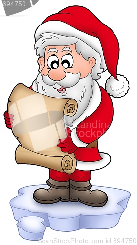 Image of Santa reading parchment on iceberg