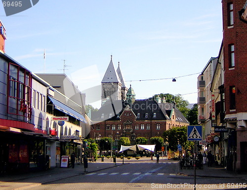 Image of View of City streets and cathedral towers, Lund, Sweden