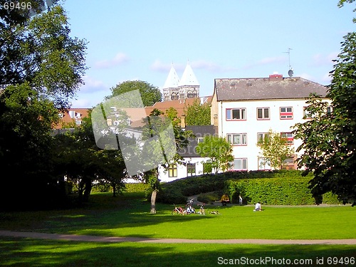 Image of View of Lund Cathedral towers from the Stadparken, Sweden