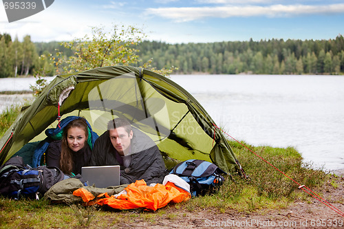 Image of Camping with Laptop by Lake