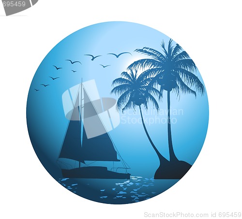 Image of Summer background with palm trees and a yacht