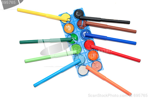 Image of Watercolor paints and soft-tip pens