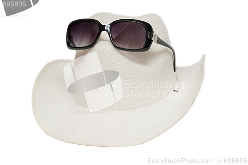 Image of Hat and sunglasses on white background