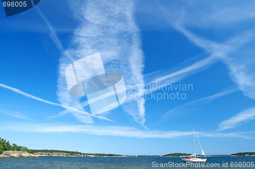 Image of Blue sky full of airplane traces