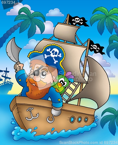 Image of Cartoon pirate sailing on ship