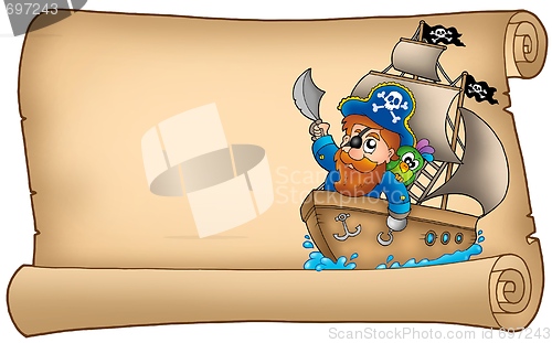 Image of Old parchment with pirate sailing on ship