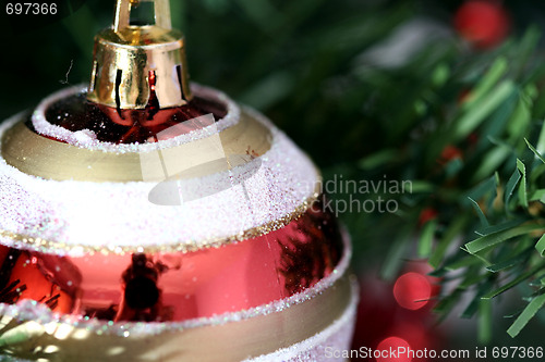 Image of Christmas ornaments on tree.