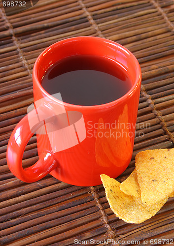 Image of Red mug and chips on glass plate