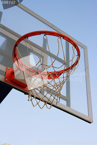 Image of Basketball hoop against a blue sky.