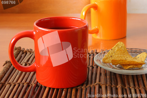 Image of Red mug and chips on glass plate