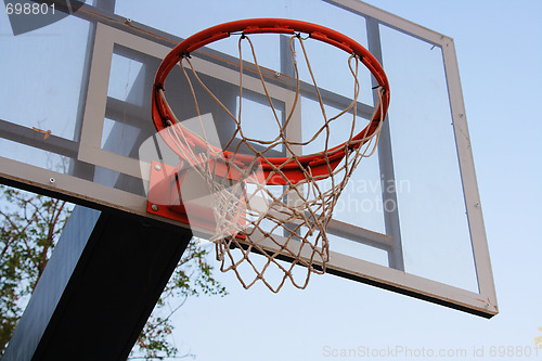 Image of Basketball hoop against a blue sky.