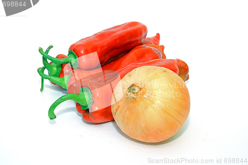 Image of Tasty kitchen. Fresh vegetables isolated on white