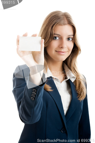 Image of Beautiful woman holding a business card