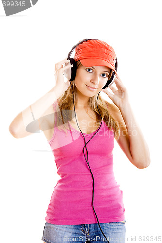 Image of Young woman listen music