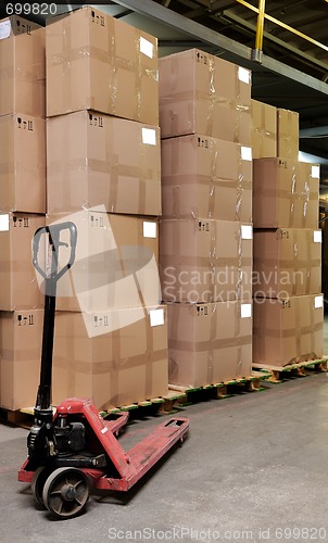 Image of catron boxes and pallet truck in warehouse