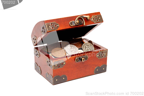 Image of box with coins over white