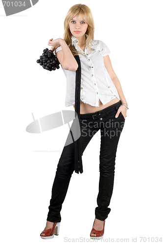 Image of Pretty young woman with grapes cluster. Isolated