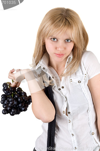 Image of Portrait of the sexy blonde with grapes cluster. Isolated