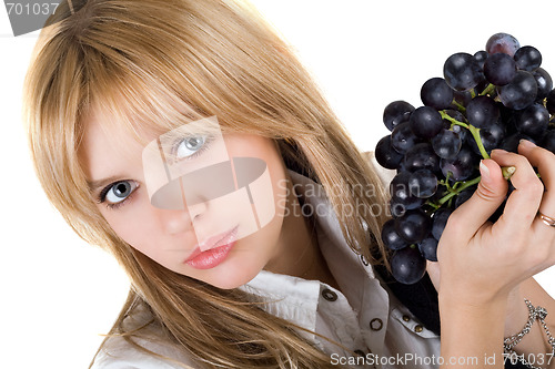 Image of Portrait of the girl with grapes cluster. Isolated
