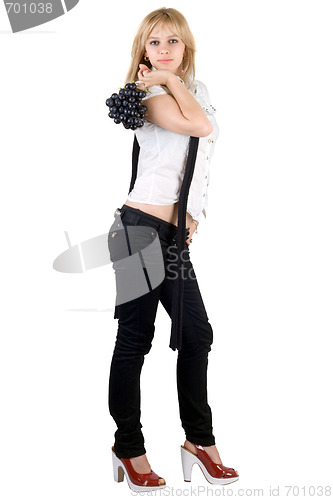 Image of Beautiful young woman with grapes cluster. Isolated