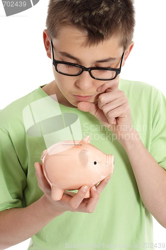 Image of Bo thinking  with money box - savings,  finances