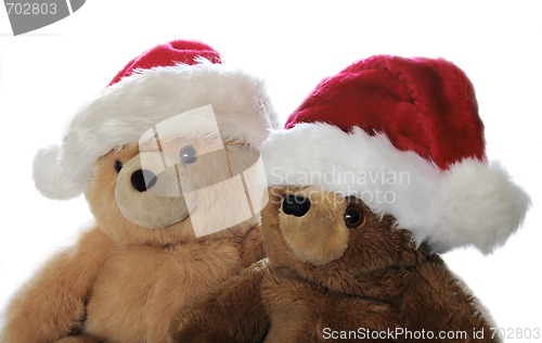 Image of two teddy bears in Santa hats