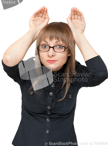 Image of Girl has packed palm in the manner of ear