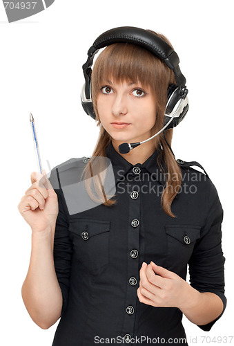 Image of Grl in earphone with mike, pencil in hand