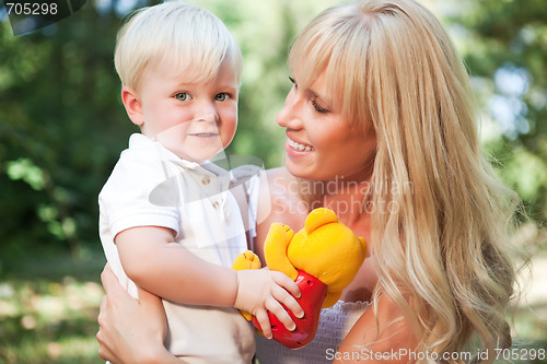 Image of Happy caucasian mother and son