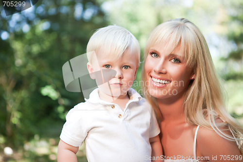 Image of Happy caucasian mother and son