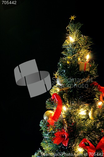 Image of christmas tree decorated in red and gold