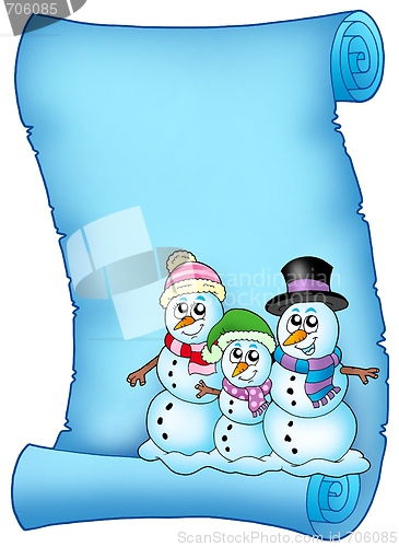 Image of Blue parchment with snowman family