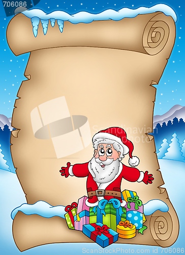 Image of Winter parchment with Santa and gift