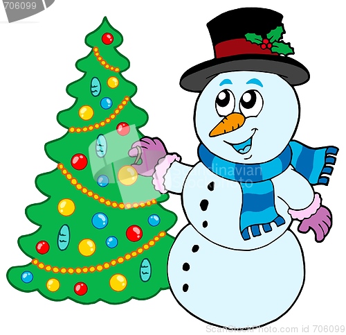 Image of Snowman decorating Christmas tree