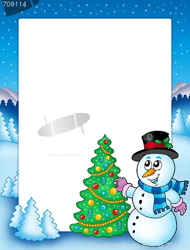 Image of Winter frame with snowman and tree