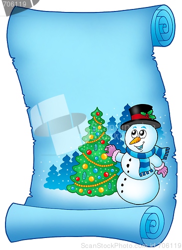 Image of Blue parchment with snowman and tree
