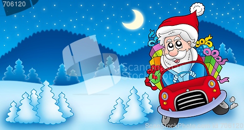 Image of Landscape with Santa Claus driving car