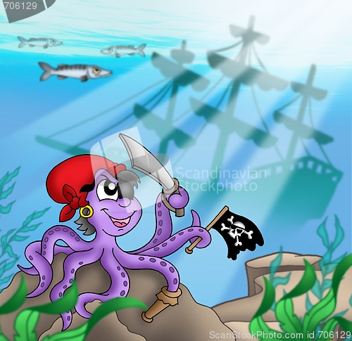 Image of Pirate octopus near ship underwater